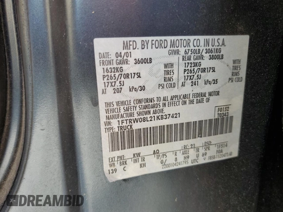 2001 Ford F-150 XLT z VIN 1FTRW08L21KB37421, wystawiony jako Copart lot #57114015 z przebiegiem 288 942 mil mil oraz Szkoda całkowita • Salvage title. Historia ofert i sprzedaży dostępna na DreamBid. Obrazek 12.