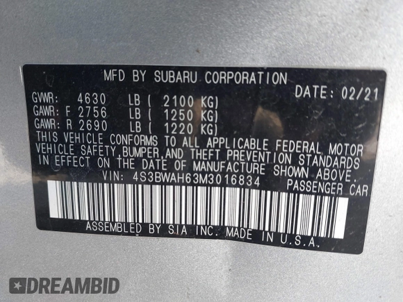2021 Subaru Legacy Sport with VIN 4S3BWAH63M3016834, listed as a IAAI auction lot 41260900 with 47,219 mi miles. Bid and sale history available at carsss.com. Image 9.