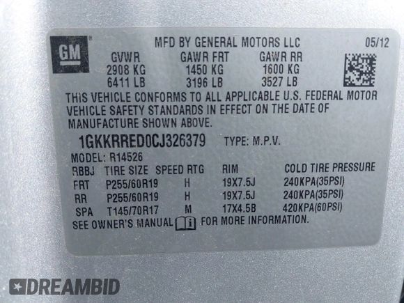 2012 GMC Acadia SLT1 with VIN 1GKKRRED0CJ326379, listed as a IAAI auction lot 41639433 with 167,407 mi miles. Bid and sale history available at carsss.com. Image 9.