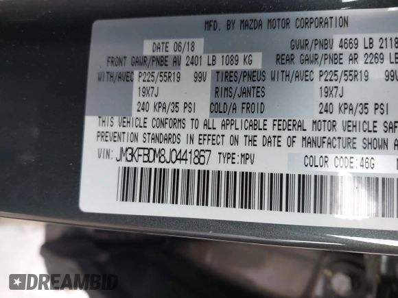 2018 Mazda CX-5 Grand Touring with VIN JM3KFBDM8J0441867, listed as a IAAI auction lot 41565147 with 62,466 mi miles. Bid and sale history available at carsss.com. Image 9.