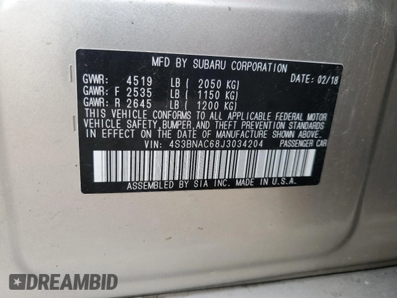 2018 Subaru Legacy Premium with VIN 4S3BNAC68J3034204, listed as a Copart auction lot 61777275 with 70,937 mi miles and Salvage title. Bid and sale history available at DreamBid. Image 12.
