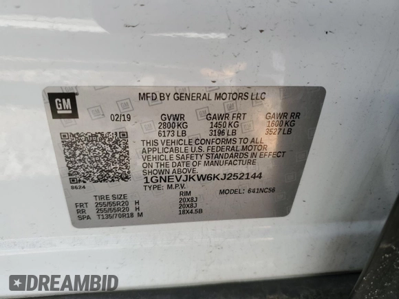 2019 Chevrolet Traverse RS with VIN 1GNEVJKW6KJ252144, listed as a Copart auction lot 42980605 with 94,045 mi miles and Salvage Title. Bid and sale history available at carsss.com. Image 13.