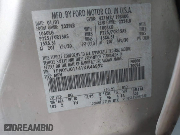2001 Ford Escape XLS with VIN 1FMYU01141KA46852, listed as a IAAI auction lot 41616606 with 225,752 mi miles and . Bid and sale history available at DreamBid. Image 9.