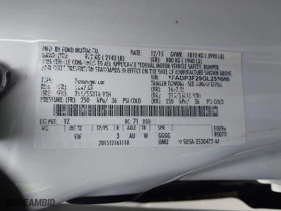 2016 Ford Focus SE with VIN 1FADP3F29GL255686, listed as a IAAI auction lot 41765115 with 1 mi miles. Bid and sale history available at carsss.com. Image 9.