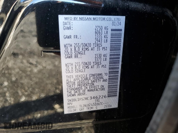 2024 Infiniti QX60 Luxe с VIN 5N1DL1FS2RC346226, выставлен на аукционе Copart как лот 49484615 с пробегом 5 728 миль миль и Списание • Salvage title. История ставок и продаж доступна на DreamBid. Изображение 13.