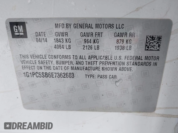 2014 Chevrolet Cruze 1LT with VIN 1G1PC5SB6E7362603, listed as a IAAI auction lot 41116280 with 118,430 mi miles and . Bid and sale history available at DreamBid. Image 9.