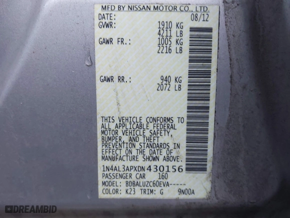 2013 Nissan Altima 2.5 SL with VIN 1N4AL3APXDN430156, listed as a IAAI auction lot 41198857 with 73,813 mi miles. Bid and sale history available at carsss.com. Image 9.