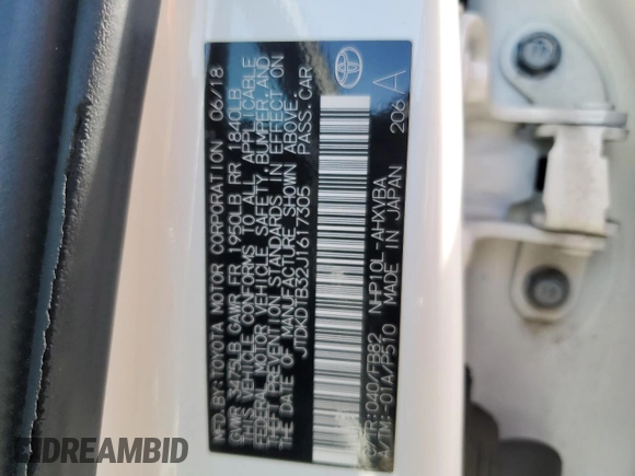2018 Toyota Prius One with VIN JTDKDTB32J1617305, listed as a Copart auction lot 53308695 with 76,899 mi miles and Clean Title. Bid and sale history available at DreamBid. Image 12.