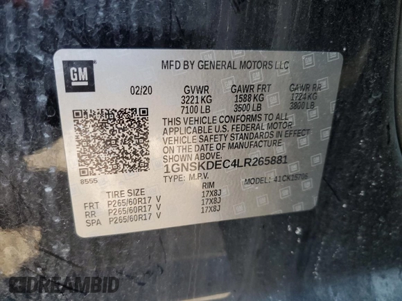 2020 Chevrolet Tahoe Commercial with VIN 1GNSKDEC4LR265881, listed as a Copart auction lot 44159245 with 73,568 mi miles and Clean title. Bid and sale history available at DreamBid. Image 14.