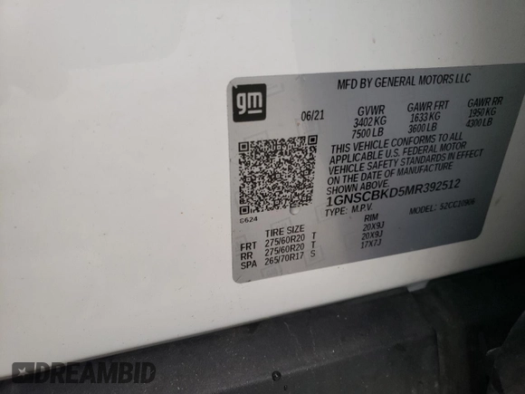 2021 Chevrolet Suburban LS with VIN 1GNSCBKD5MR392512, listed as a Copart auction lot 71238124 with 77,775 mi miles and Salvage Title. Bid and sale history available at DreamBid. Image 13.