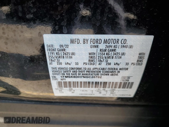 2022 Ford Explorer XLT with VIN 1FMSK8DH7NGC20702, listed as a Copart auction lot 60247555 with 15,278 mi miles and Salvage title. Bid and sale history available at DreamBid. Image 13.