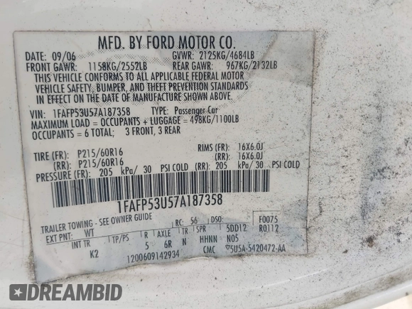 2007 Ford Taurus SE with VIN 1FAFP53U57A187358, listed as a IAAI auction lot 42583317 with Not provided miles and . Bid and sale history available at DreamBid. Image 9.