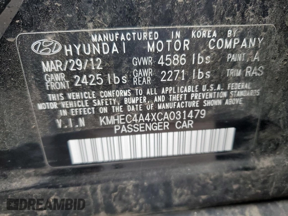 2012 Hyundai Sonata Hybrid with VIN KMHEC4A4XCA031479, listed as a Copart auction lot 55729195 with 175,054 mi miles and Clean Title. Bid and sale history available at DreamBid. Image 12.