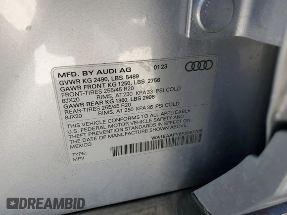 2023 Audi Q5 S line Premium Plus with VIN WA1EAAFY6P2097705, listed as a Copart auction lot 52345055 with 22,894 mi miles and Salvage title. Bid and sale history available at DreamBid. Image 14.