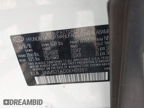 2019 Hyundai Santa Fe SE with VIN 5NMS23AD0KH013811, listed as a IAAI auction lot 42337926 with 87,000 mi miles and . Bid and sale history available at DreamBid. Image 9.