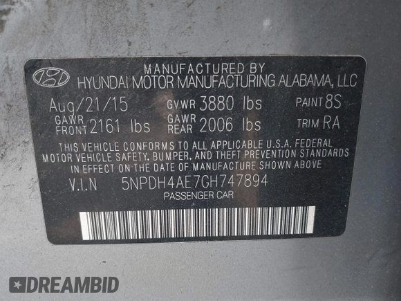 2016 Hyundai Elantra SE with VIN 5NPDH4AE7GH747894, listed as a IAAI auction lot 42146987 with 131,201 mi miles and . Bid and sale history available at DreamBid. Image 9.