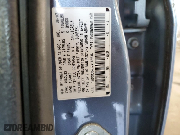 2007 Honda Accord LX with VIN 1HGCM56407A185536, listed as a Copart auction lot 59200255 with 171,820 mi miles and Salvage title. Bid and sale history available at DreamBid. Image 13.