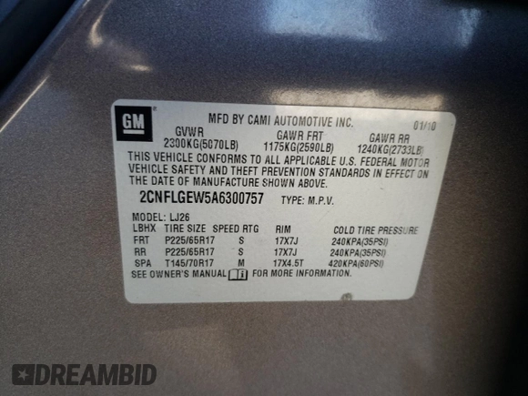 2010 Chevrolet Equinox LTZ with VIN 2CNFLGEW5A6300757, listed as a Copart auction lot 48609675 with 202,946 mi miles and Clean Title. Bid and sale history available at DreamBid. Image 13.