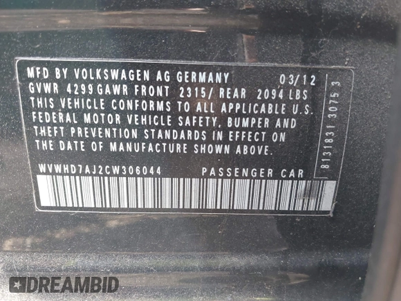 2012 Volkswagen GTI Autobahn with VIN WVWHD7AJ2CW306044, listed as a IAAI auction lot 41952372 with 94,659 mi miles and . Bid and sale history available at DreamBid. Image 9.