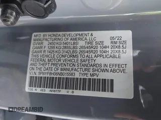 2022 Honda Passport Elite z VIN 5FNYF8H06NB015583, wystawiony jako IAAI lot #41633925 z przebiegiem 49 738 mil mil oraz . Historia ofert i sprzedaży dostępna na DreamBid. Obrazek 9.