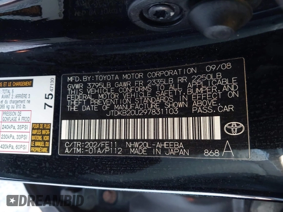 2009 Toyota Prius with VIN JTDKB20U297831103, listed as a IAAI auction lot 41340149 with 178,694 mi miles and . Bid and sale history available at DreamBid. Image 9.