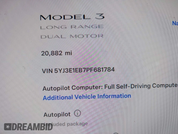 2023 Tesla Model 3 Long Range with VIN 5YJ3E1EB7PF681784, listed as a IAAI auction lot 41534837 with 20,882 mi miles and . Bid and sale history available at DreamBid. Image 16.