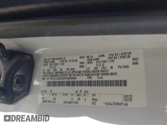 2016 Ford F-150 XL with VIN 1FTEX1C83GFD20929, listed as a IAAI auction lot 42072940 with 156,589 mi miles and . Bid and sale history available at DreamBid. Image 9.