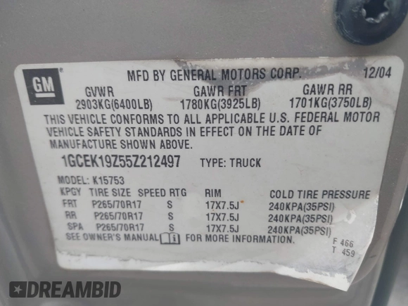 2005 Chevrolet Silverado 1500 Z71 with VIN 1GCEK19Z55Z212497, listed as a IAAI auction lot 42172303 with 322,246 mi miles and . Bid and sale history available at DreamBid. Image 9.