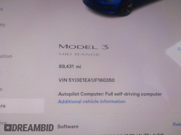 2018 Tesla Model 3 Long Range Battery with VIN 5YJ3E1EA1JF160350, listed as a IAAI auction lot 34606522 with 89,431 mi miles and . Bid and sale history available at DreamBid. Image 7.