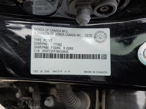 2021 Honda Civic Sport with VIN 2HGFC2F81MH006628, listed as a Copart auction lot 49218545 with Not Provided miles and Clean Title. Bid and sale history available at DreamBid. Image 12.