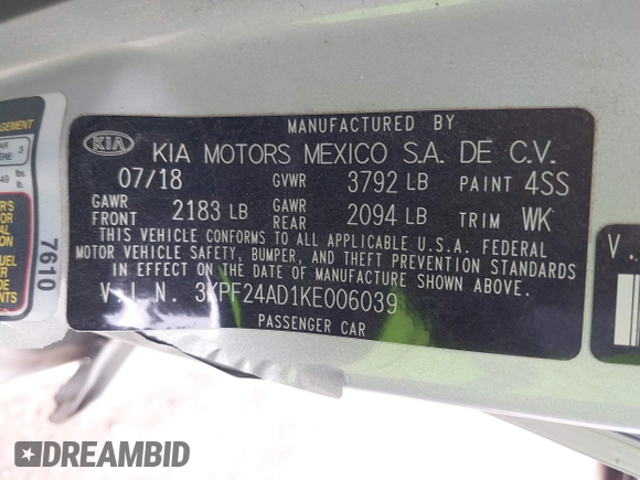 2019 Kia Forte LXS z VIN 3KPF24AD1KE006039, wystawiony jako IAAI lot #42076523 z przebiegiem 70 775 mil mil oraz . Historia ofert i sprzedaży dostępna na DreamBid. Obrazek 9.