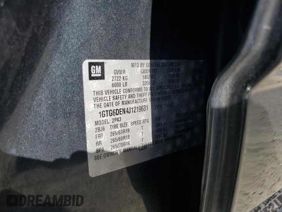 2018 GMC Canyon 4WD SLT with VIN 1GTG6DEN4J1219631, listed as a Copart auction lot 62603815 with 37,384 mi miles and Salvage title. Bid and sale history available at DreamBid. Image 12.