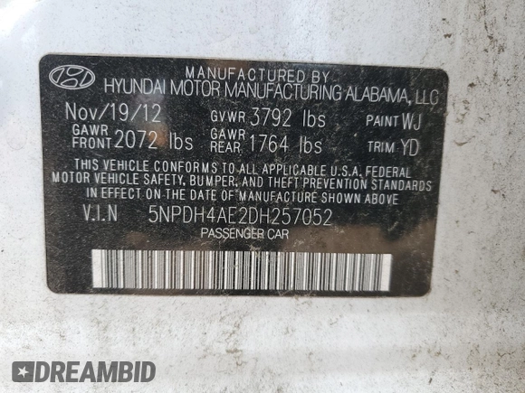 2013 Hyundai Elantra GLS z VIN 5NPDH4AE2DH257052, wystawiony jako Copart lot #59750455 z przebiegiem 70 580 mil mil oraz Szkoda całkowita • Salvage title. Historia ofert i sprzedaży dostępna na DreamBid. Obrazek 13.