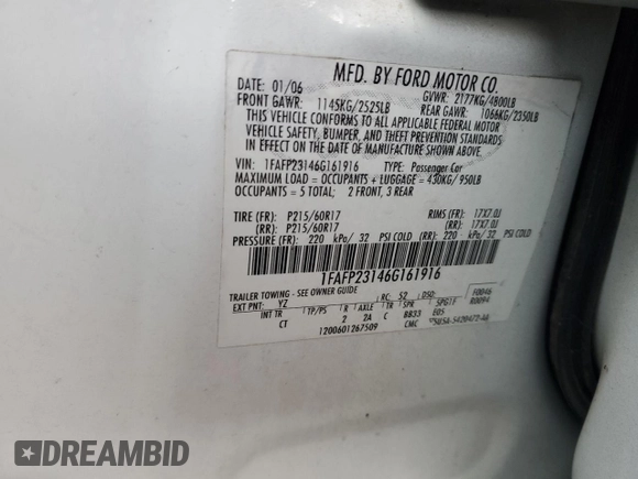 2006 Ford Five Hundred SE with VIN 1FAFP23146G161916, listed as a Copart auction lot 85067844 with 136,329 mi miles and Salvage Title. Bid and sale history available at carsss.com. Image 12.