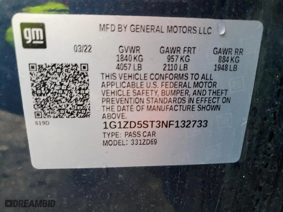2022 Chevrolet Malibu LT with VIN 1G1ZD5ST3NF132733, listed as a Copart auction lot 45804235 with 76,225 mi miles and Salvage Title. Bid and sale history available at carsss.com. Image 12.