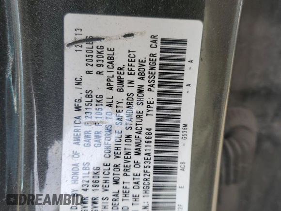 2014 Honda Accord Sport with VIN 1HGCR2F53EA116684, listed as a Copart auction lot 79904624 with 224,821 mi miles and Salvage Title. Bid and sale history available at DreamBid. Image 14.
