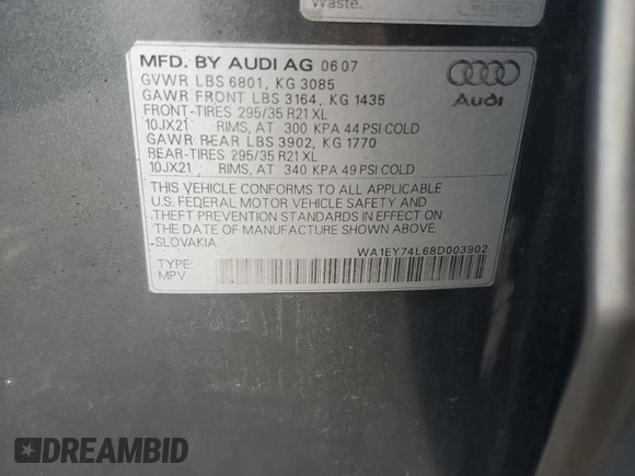 2008 Audi Q7 Premium with VIN WA1EY74L68D003902, listed as a Copart auction lot 64264045 with 224,182 mi miles and Salvage title. Bid and sale history available at DreamBid. Image 13.