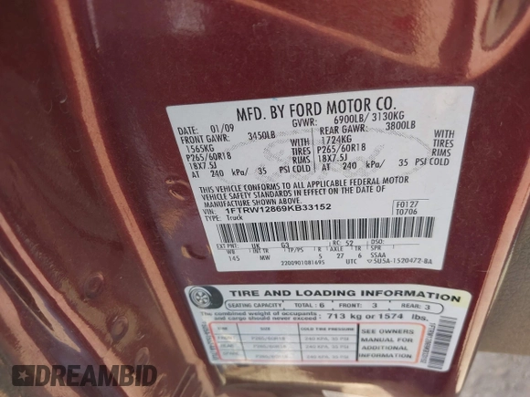 2009 Ford F-150 XL z VIN 1FTRW12869KB33152, wystawiony jako IAAI lot #42610676 z przebiegiem 213 977 mil mil oraz . Historia ofert i sprzedaży dostępna na DreamBid. Obrazek 9.