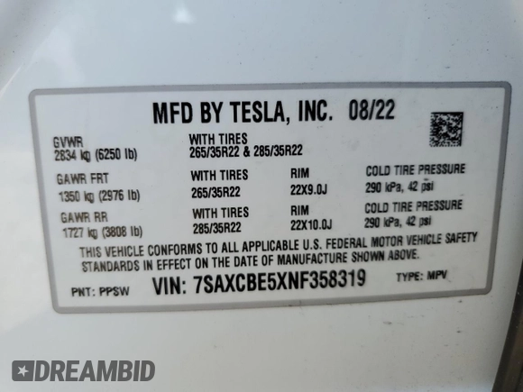2022 Tesla Model X with VIN 7SAXCBE5XNF358319, listed as a Copart auction lot 50246555 with 12,863 mi miles and Salvage Title. Bid and sale history available at DreamBid. Image 13.