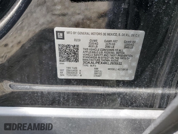 2019 GMC Terrain SLT z VIN 3GKALPEX4KL265511, wystawiony jako Copart lot #55460925 z przebiegiem 57 426 mil mil oraz Szkoda całkowita • Salvage title. Historia ofert i sprzedaży dostępna na DreamBid. Obrazek 13.