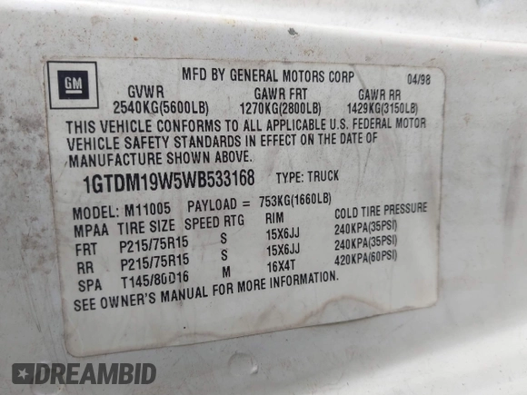 1998 GMC Safari Cargo with VIN 1GTDM19W5WB533168, listed as a IAAI auction lot 41402938 with 239,070 mi miles. Bid and sale history available at carsss.com. Image 9.