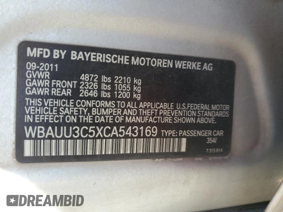 2012 BMW 3 Series 328i xDrive with VIN WBAUU3C5XCA543169, listed as a Copart auction lot 87904685 with 224,245 mi miles and Salvage Title. Bid and sale history available at DreamBid. Image 13.