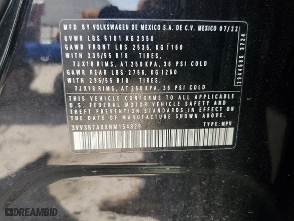 2022 Volkswagen Tiguan SE with VIN 3VV3B7AXXNM154829, listed as a Copart auction lot 49731025 with 43,142 mi miles and Salvage Title. Bid and sale history available at carsss.com. Image 14.