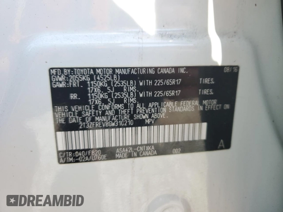 2016 Toyota RAV4 LE with VIN 2T3ZFREV8GW310210, listed as a Copart auction lot 52566305 with 56,354 mi miles and Salvage Title. Bid and sale history available at DreamBid. Image 13.