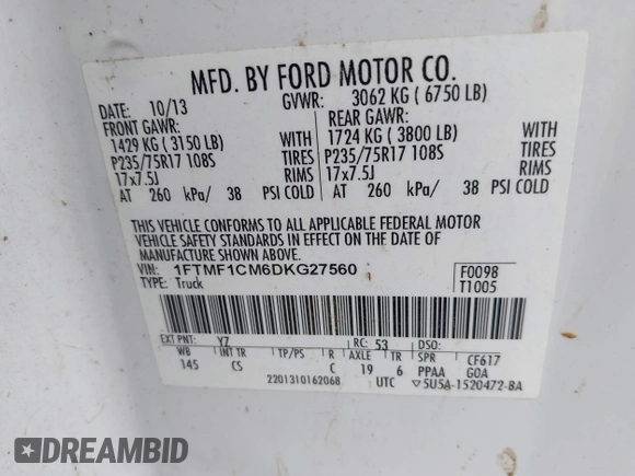 2013 Ford F-150 XL with VIN 1FTMF1CM6DKG27560, listed as a IAAI auction lot 42428890 with 118,354 mi miles and . Bid and sale history available at DreamBid. Image 9.