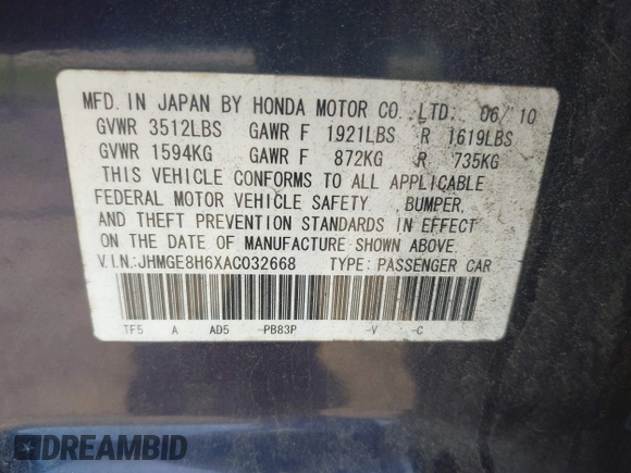 2010 Honda Fit Sport with VIN JHMGE8H6XAC032668, listed as a IAAI auction lot 42145017 with 172,922 mi miles and . Bid and sale history available at DreamBid. Image 9.