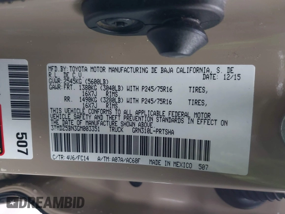 2016 Toyota Tacoma SR5 with VIN 3TMDZ5BN3GM003351, listed as a IAAI auction lot 41721932 with 100,774 mi miles and . Bid and sale history available at DreamBid. Image 9.