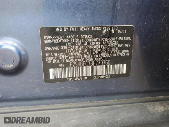 2011 Subaru Forester X Limited with VIN JF2SHBEC7BH779760, listed as a Copart auction lot 63347845 with 125,609 mi miles and Clean title. Bid and sale history available at DreamBid. Image 12.