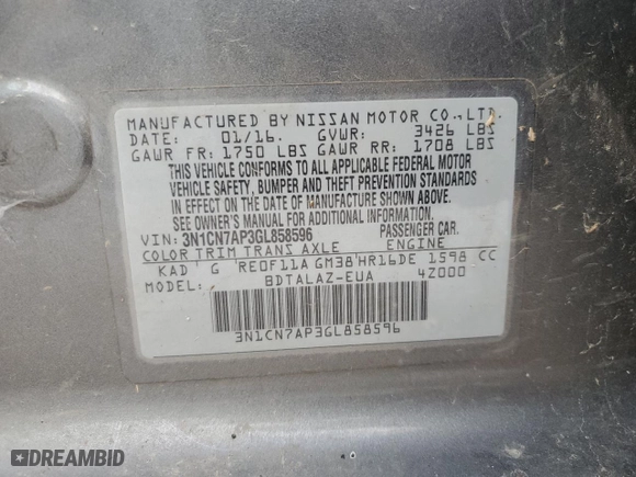 2016 Nissan Versa SV with VIN 3N1CN7AP3GL858596, listed as a Copart auction lot 81149394 with 189,025 mi miles and Clean Title. Bid and sale history available at carsss.com. Image 12.