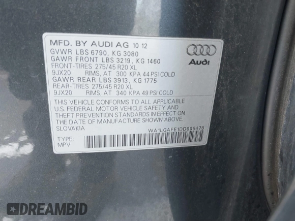 2013 Audi Q7 3.0T Premium Plus with VIN WA1LGAFE1DD006478, listed as a IAAI auction lot 41536038 with 190,654 mi miles. Bid and sale history available at carsss.com. Image 9.